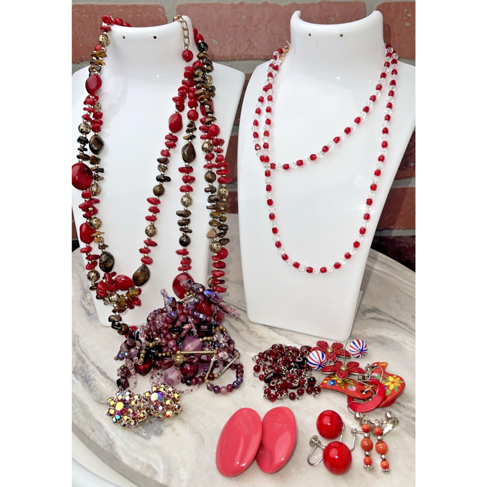 Jewelry Lot 12 Pcs Vtg Red & Pink Costume, Rhinestone Brooch, Beaded Necklaces,
